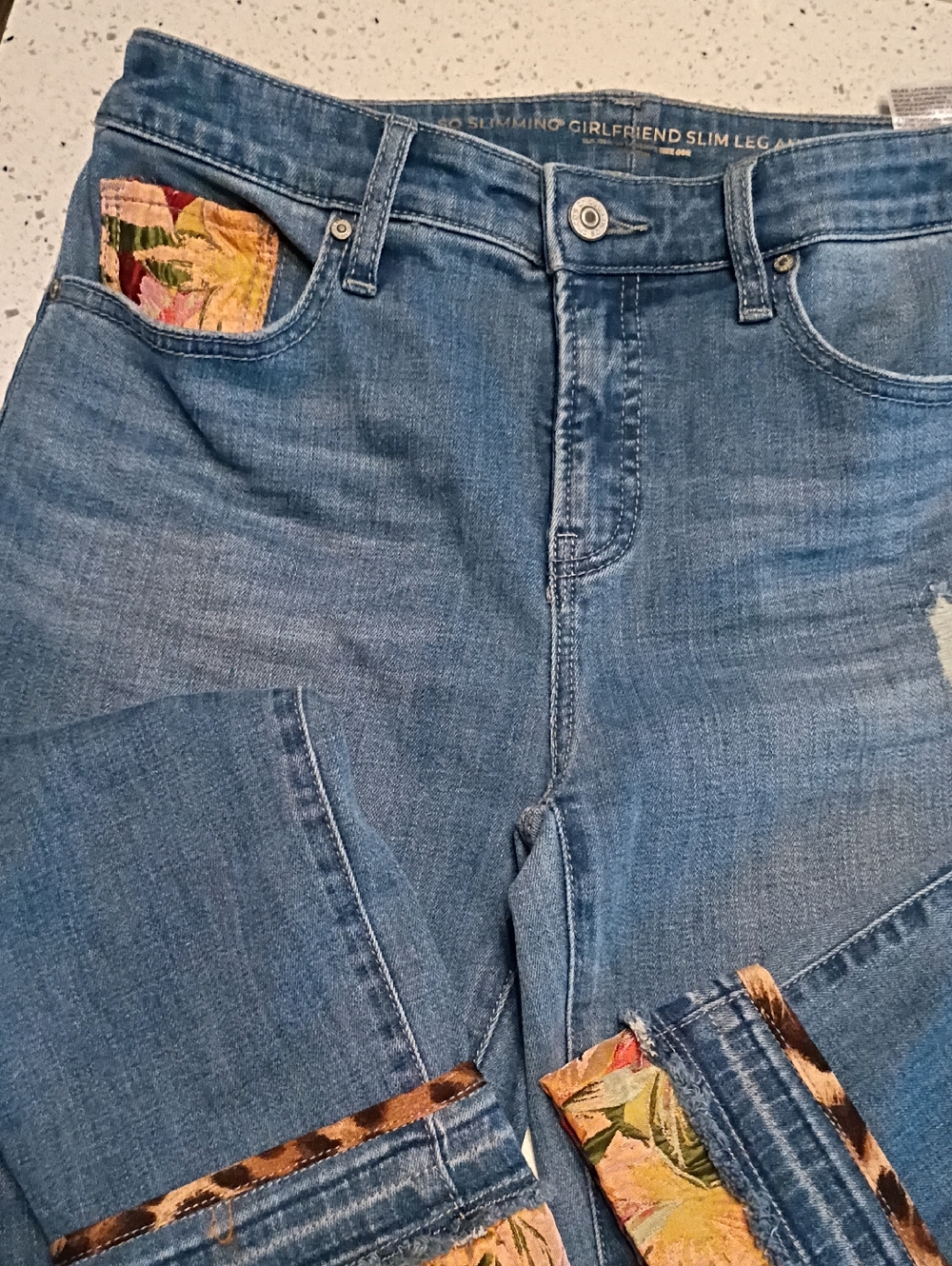 Chico's Blue Boyfriend Jeans with Floral & Leopard Trim